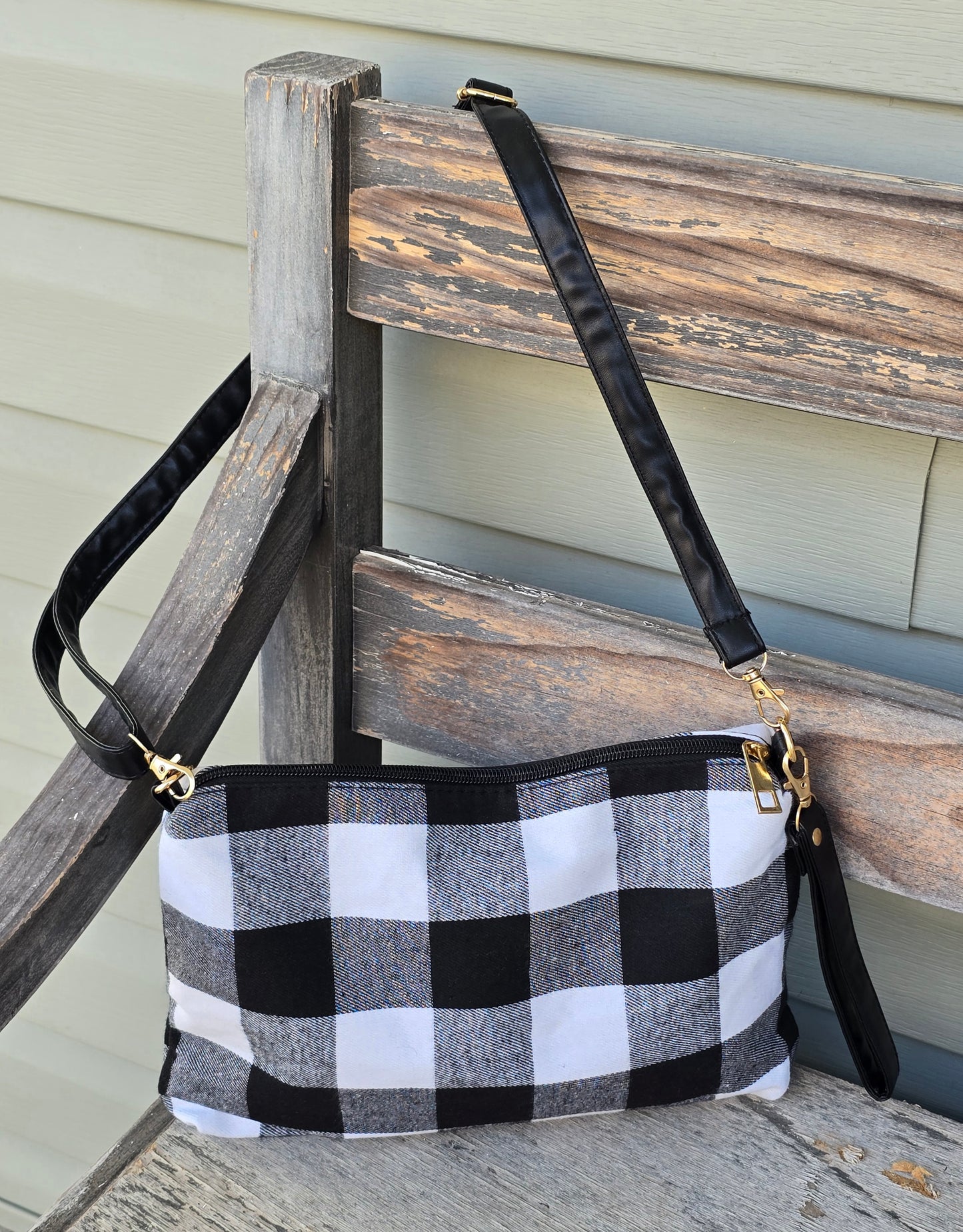 Stylish Fabric Crossbody Bag - Black and White Plaid