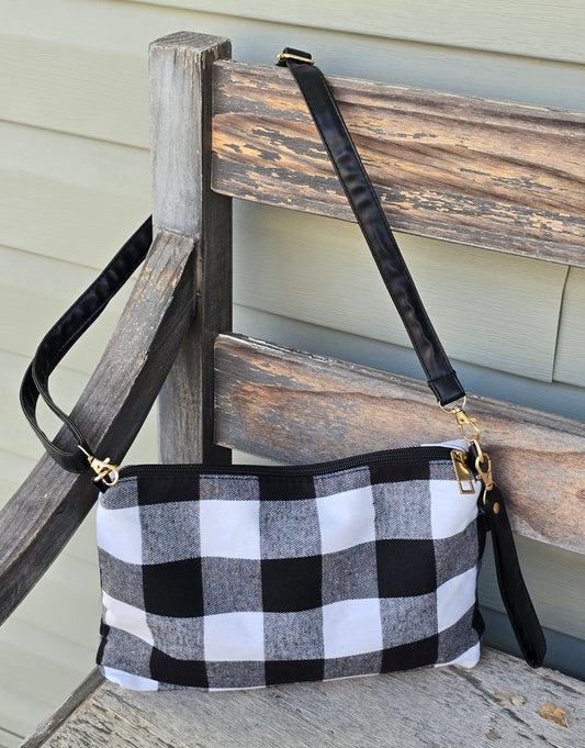 Stylish Fabric Crossbody Bag - Black and White Plaid