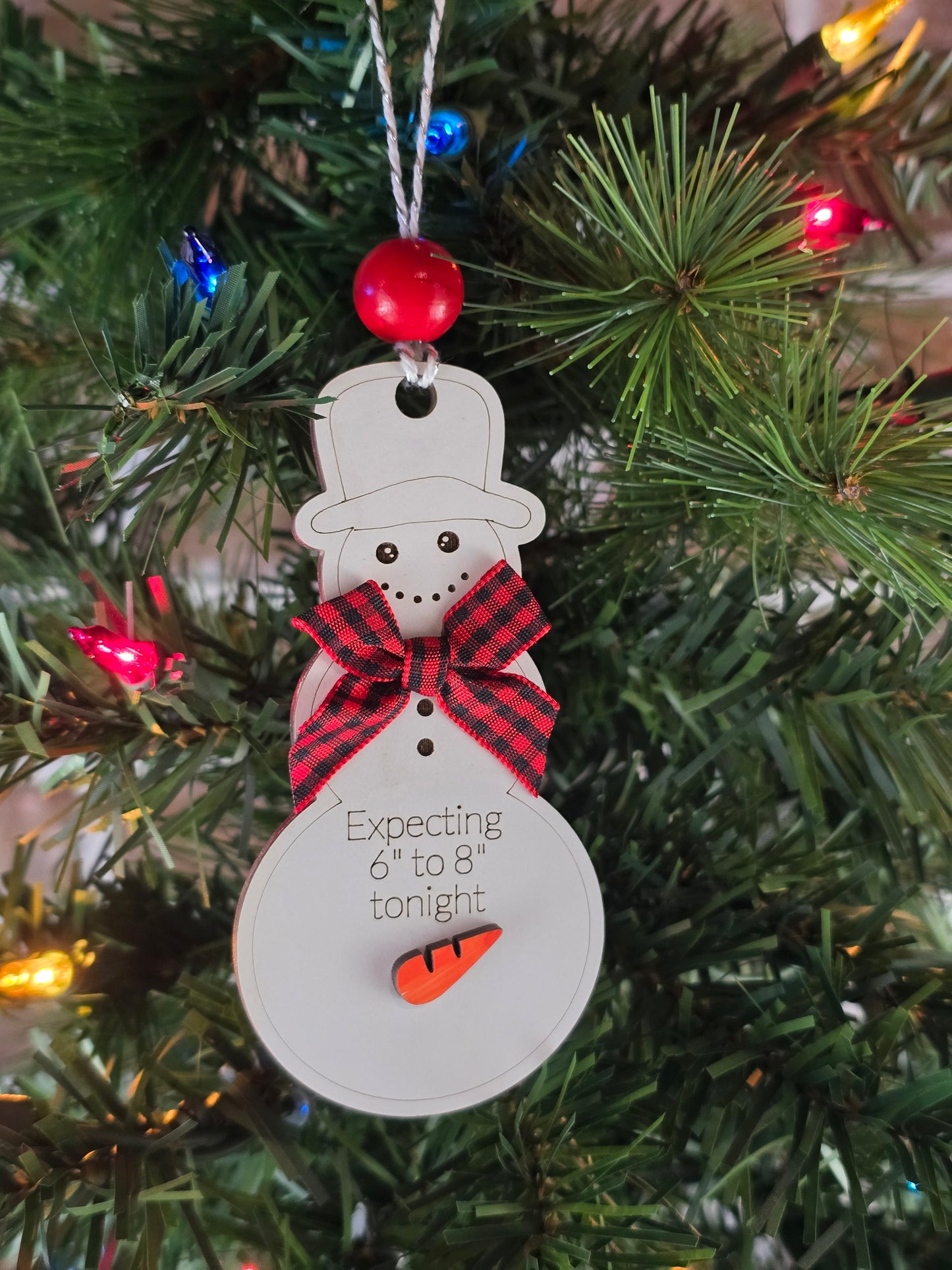 Expecting 6" to 8" Tonight – 4.25" x 2" Snowman Ornament (Retail‑Ready Packaging)