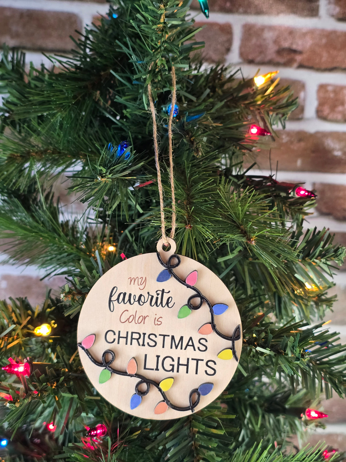 My Favorite Color Is Christmas Lights – 3.5" Wooden Ornament (Retail‑Ready Packaging)