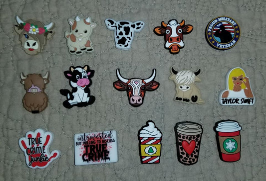 Silicone Focal Beads - Assorted Cows, True Crime and Coffee Focal Beads
