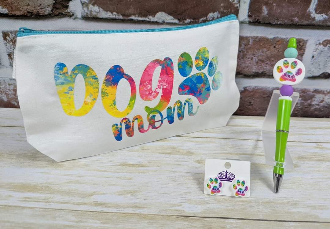 Zipper pouch, beaded pen, and keychain or earrings