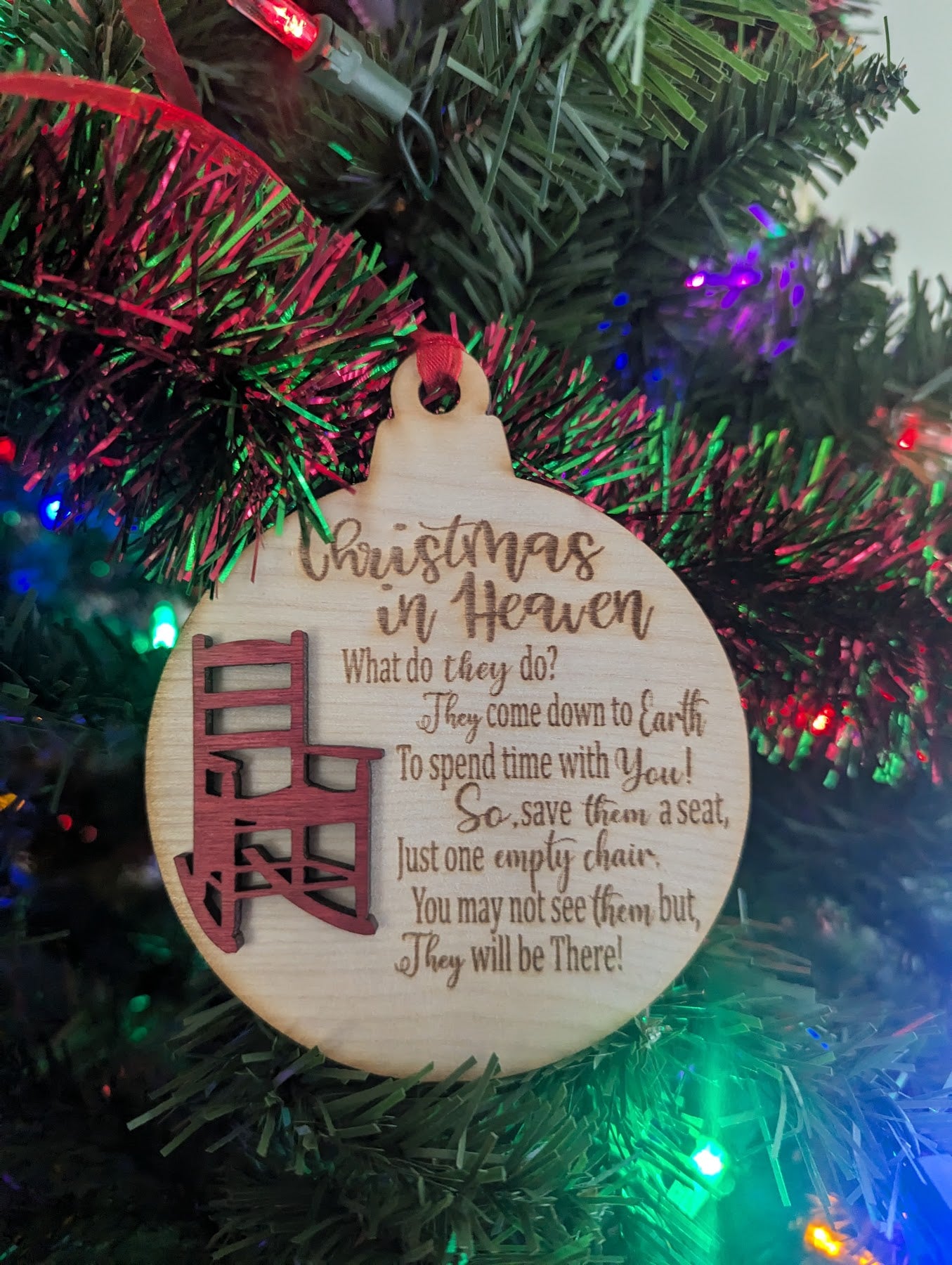 Christmas in Heaven Laser Engraved Ornament - 3.75" x 4.5" with Poem and Red Chair