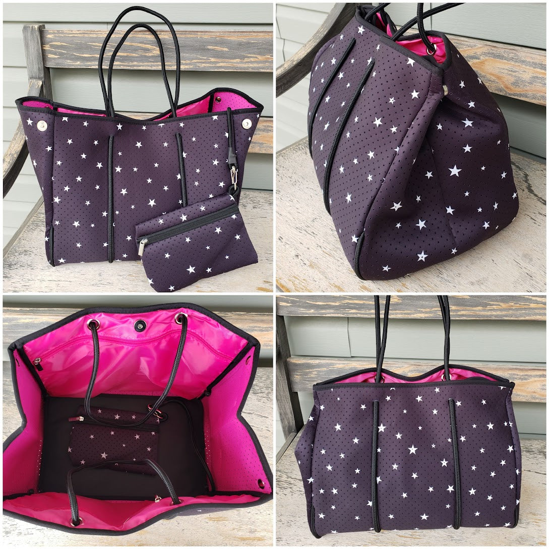 Large Neoprene Beach Tote Bags with Clip on Pouch - Multiple Designs Available