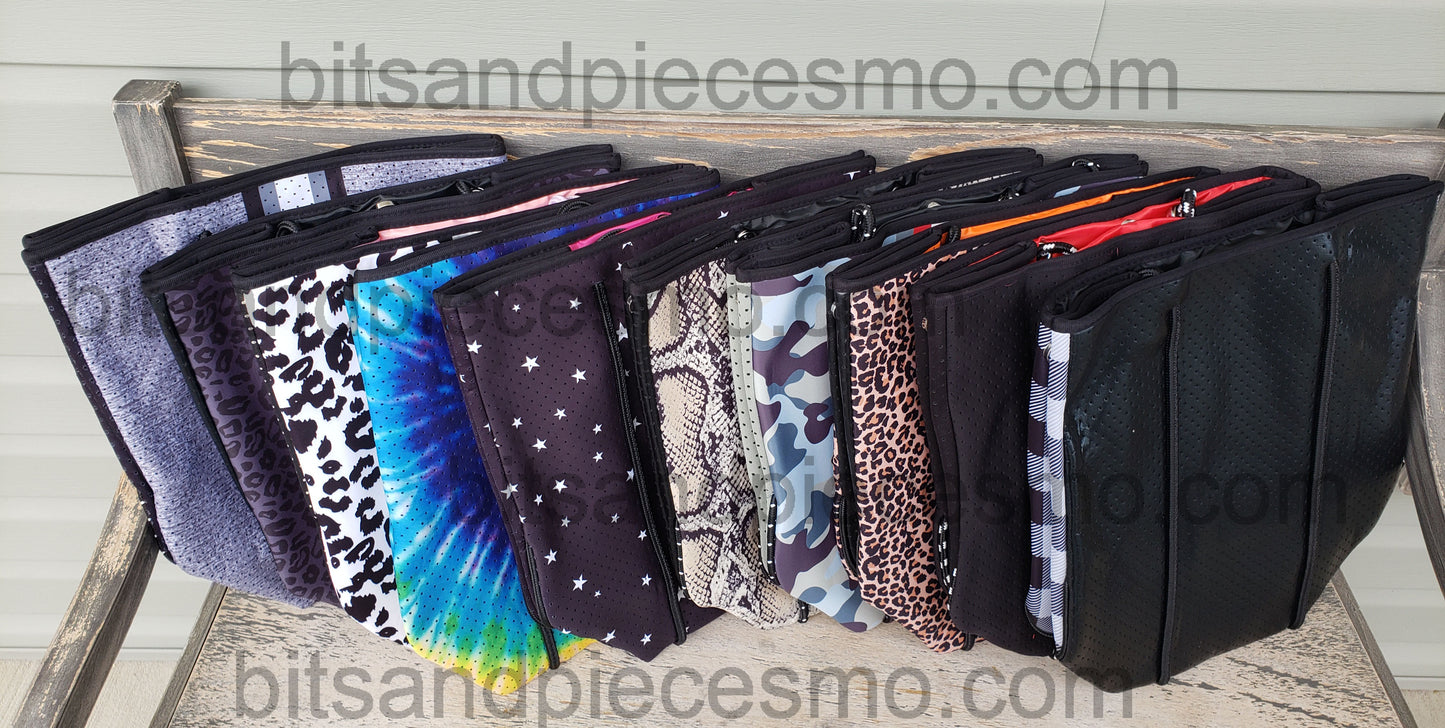 Large Neoprene Beach Tote Bags with Clip on Pouch - Multiple Designs Available