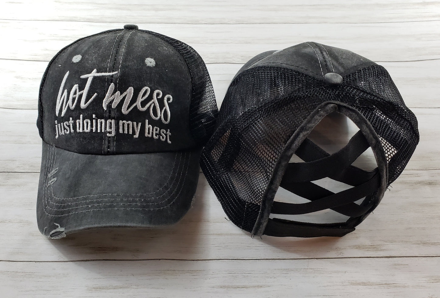 Stylish Embroidered Criss-Cross Ponytail Cap – Perfect for Messy Buns and Ponytails