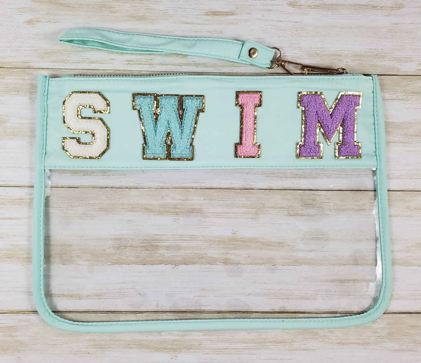 Clear Small Zipper Pouch with Wristlet Strap and Varsity Letters - Multiple Designs Available