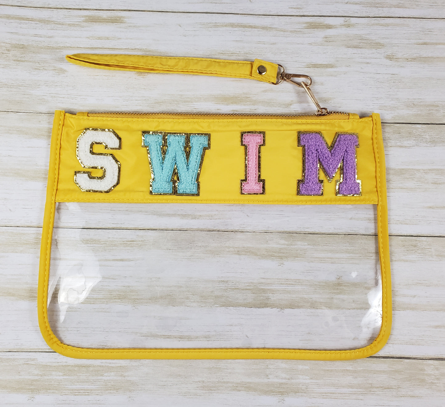 Clear Small Zipper Pouch with Wristlet Strap and Varsity Letters - Multiple Designs Available