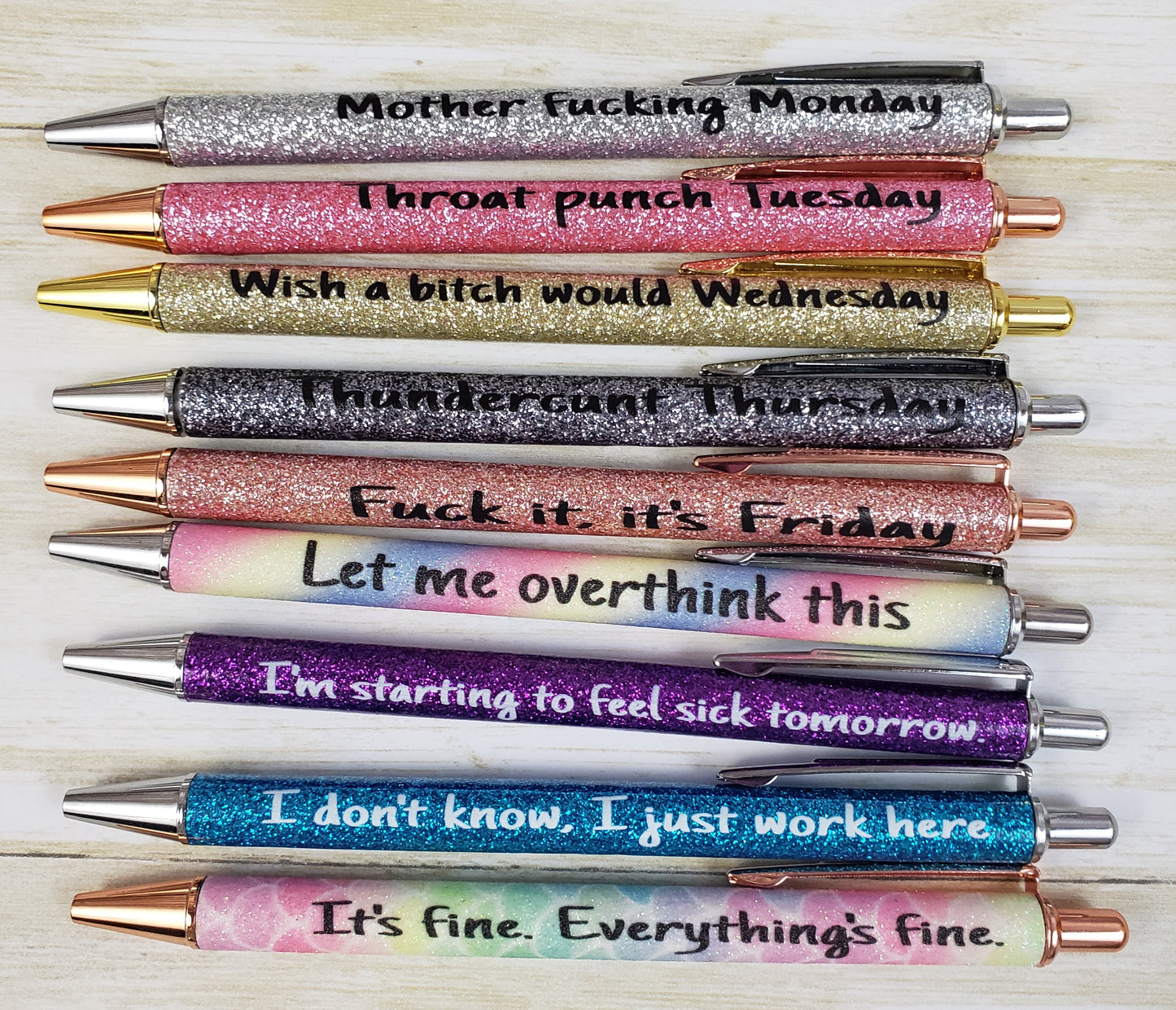 Funny Weekday + Work Glitter Metal Pens – Set of 9 with Humor and Offensive Language