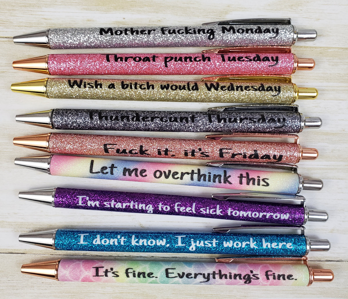 Weekday Swear Word Glitter Metal Pens - 7 pieces - Beware - offensive –  Bits and Pieces MO