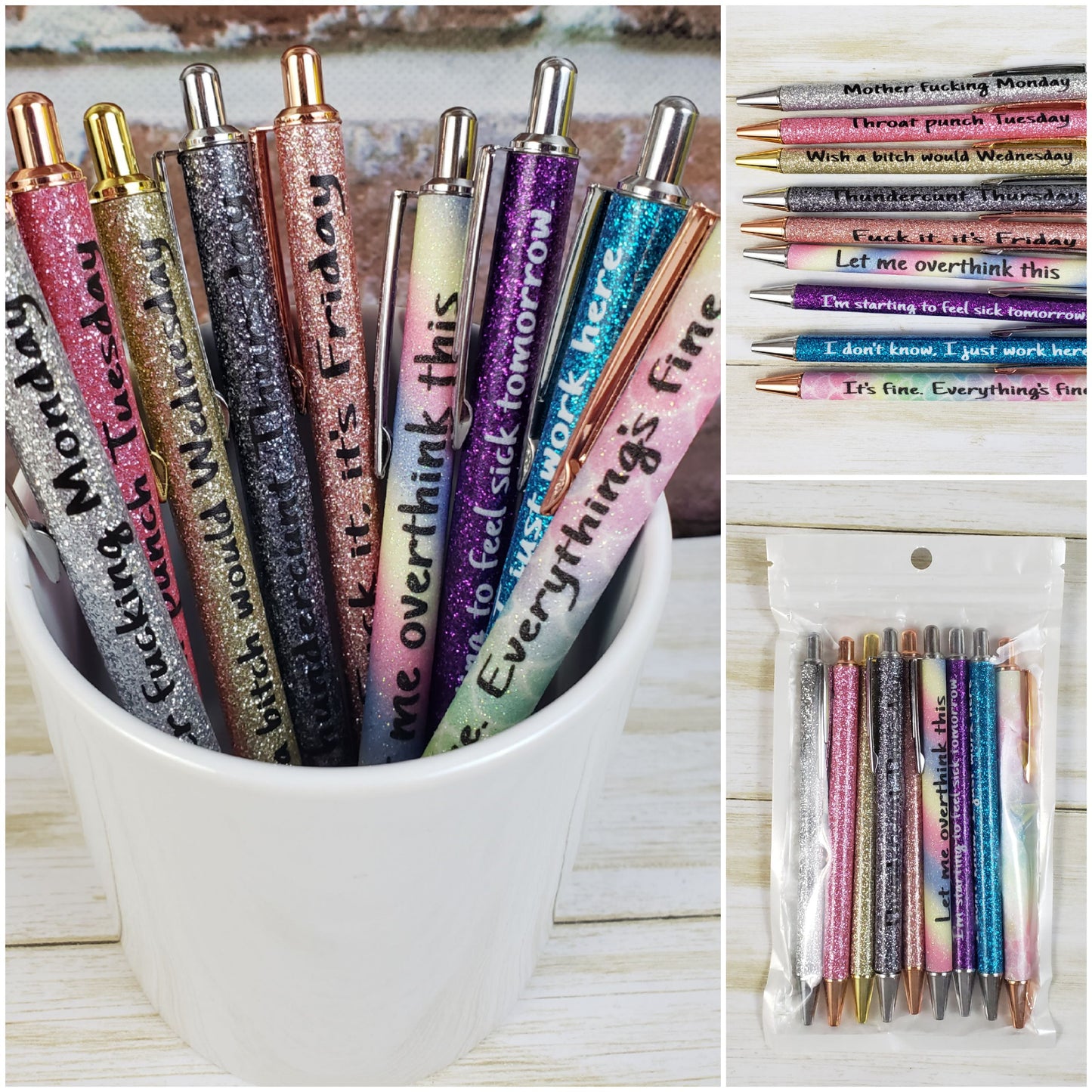 Funny Weekday + Work Glitter Metal Pens – Set of 9 with Humor and Offensive Language