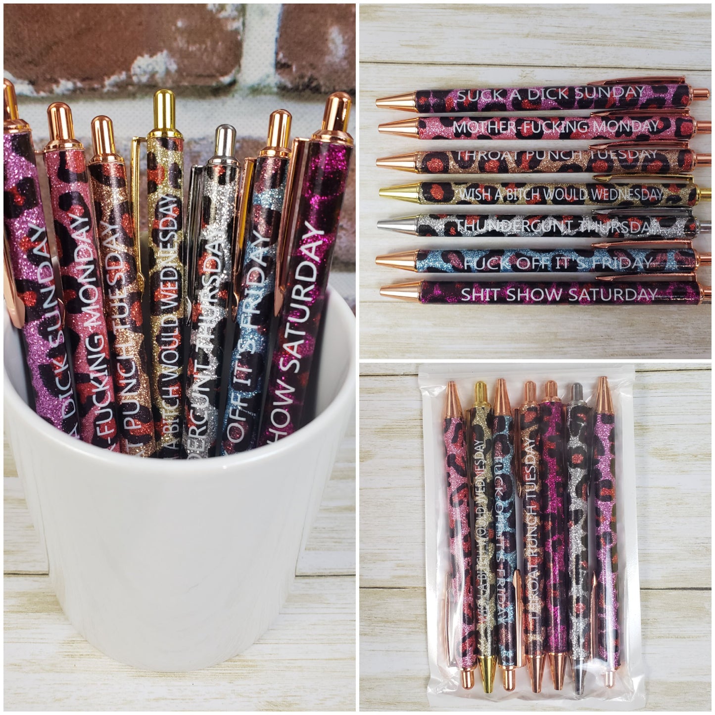 Leopard Weekday Swear Word Glitter Metal Pens - 7 Piece Set - Black Ink (Warning: Offensive Language)