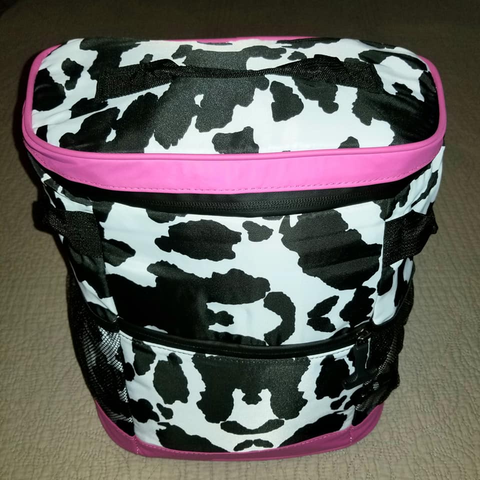 Durable Waterproof Canvas Backpack Cooler with Insulated Liner – Black Cow Print – 14" Tall
