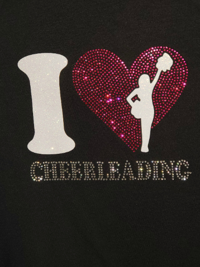 Rhinestone Transfer - I Love Cheerleading White Glitter HTV + Hot Fix Rhinestone Transfer