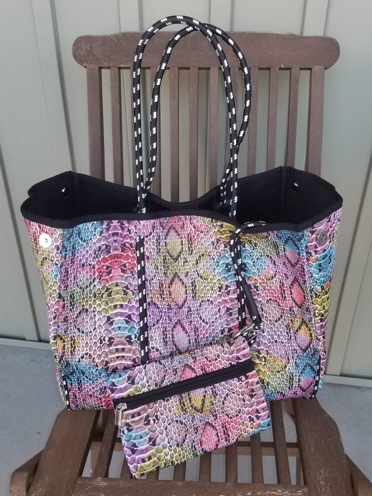 Large Neoprene Beach Tote Bags with Clip on Pouch - Multiple Designs Available
