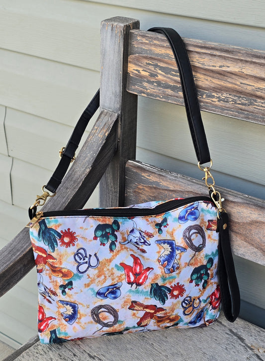 Stylish Fabric Crossbody Bag - Western (print upside down)