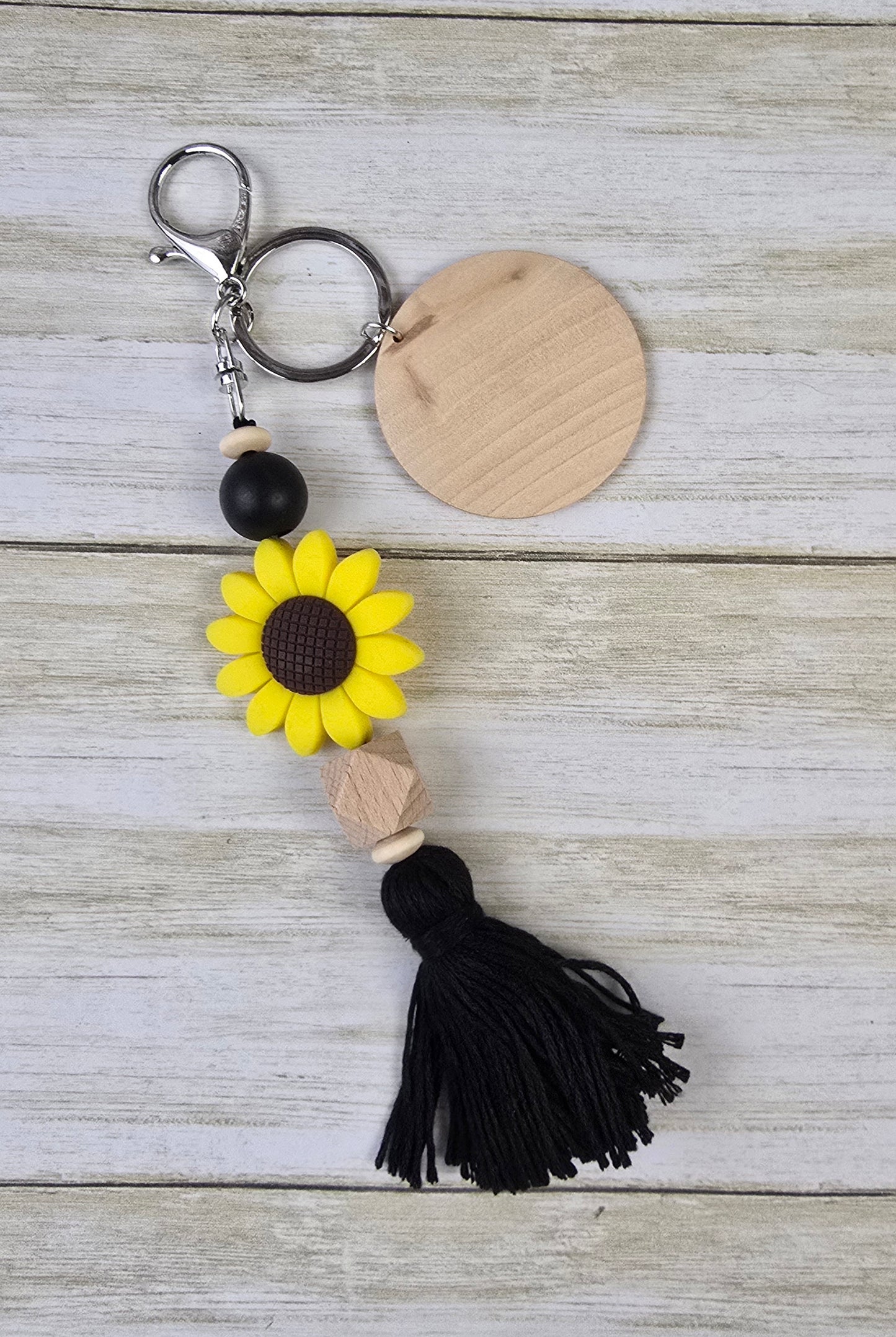 Sunflower Silicone Bead Tassel Keychain – 5.5" Length with 2" Wood Pendant