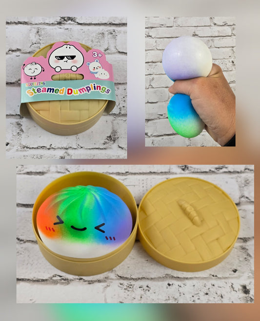 Powder Puff Dumpling Squishy with Mini Steamer Case - Tie Dye / Rainbow