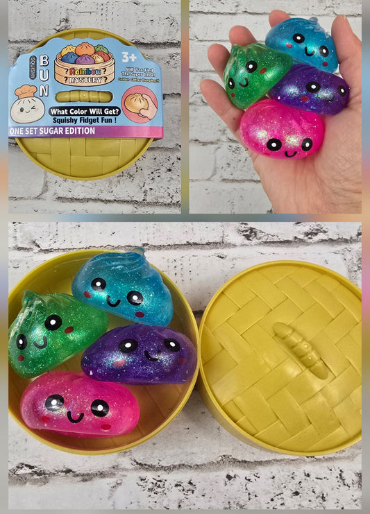 Mini Glitter Dumpling Squishies – 4‑Pack Slow‑Rise Maltose Buns in Mini Steamer Case