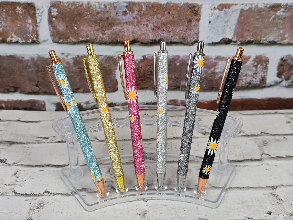 Glitter Daisy Metal Retractable Ballpoint Pens – Multiple Options Available