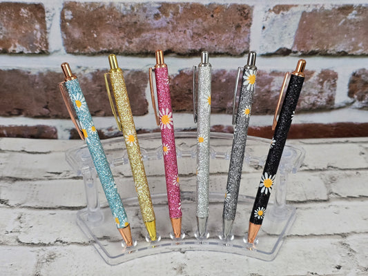 Glitter Daisy Metal Retractable Ballpoint Pens – Multiple Options Available