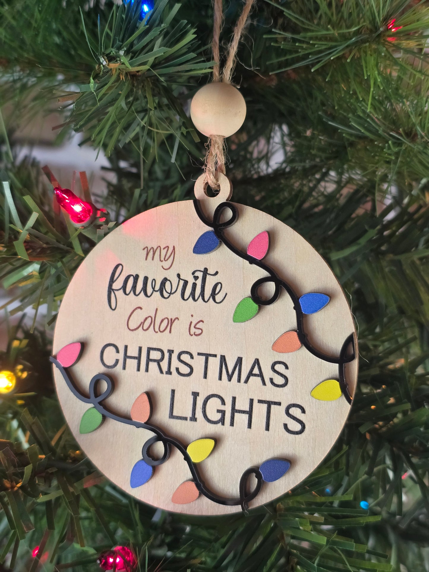 My Favorite Color Is Christmas Lights – 3.5" Wooden Ornament (Retail‑Ready Packaging)