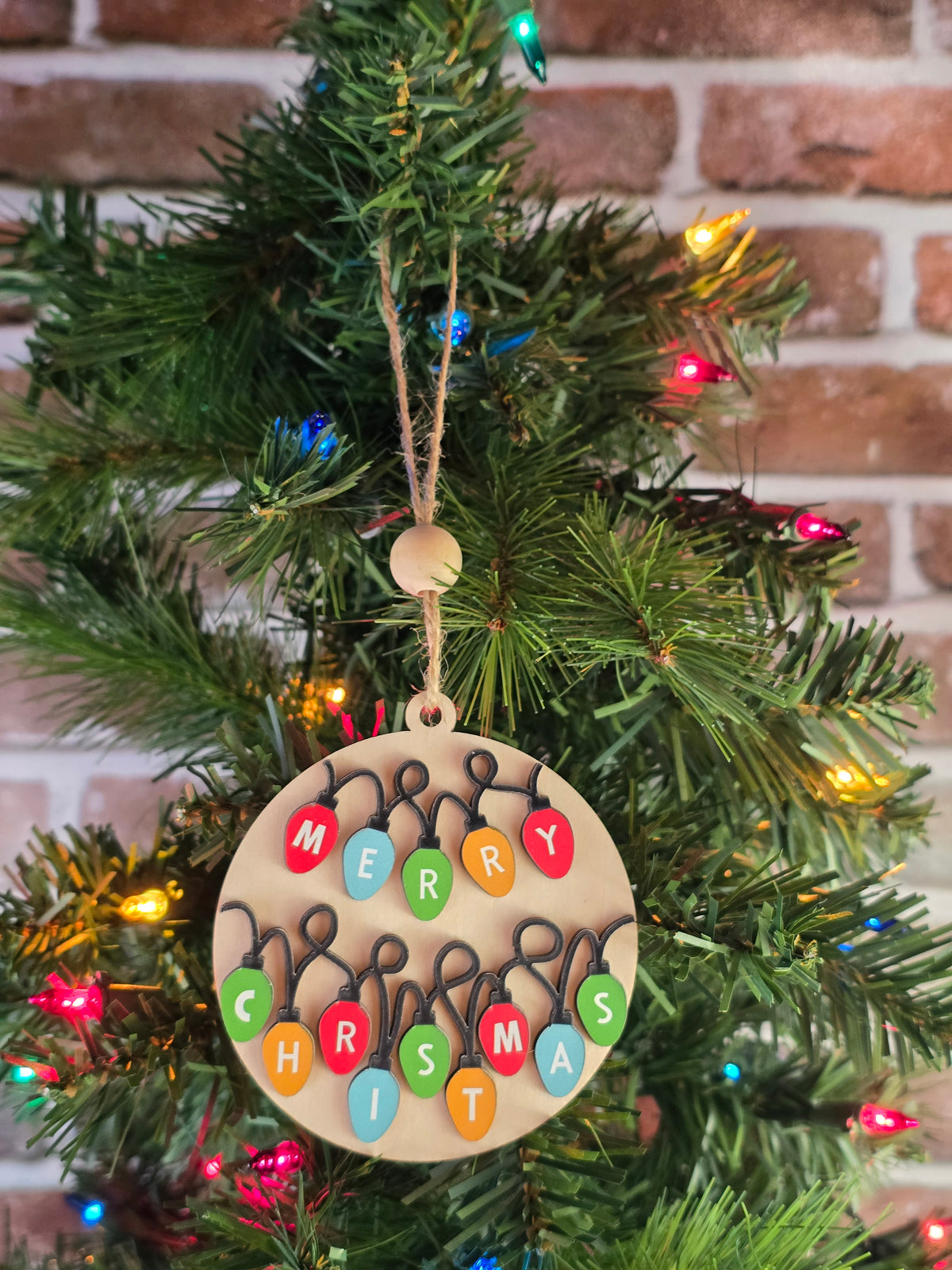 Merry Christmas Light Bulbs 3.5" Wooden Ornament (Retail‑Ready Packaging)