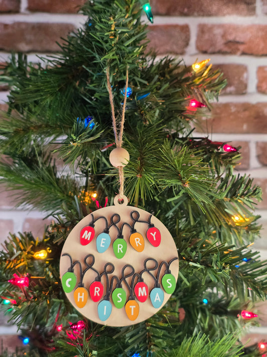 Merry Christmas Light Bulbs 3.5" Wooden Ornament (Retail‑Ready Packaging)