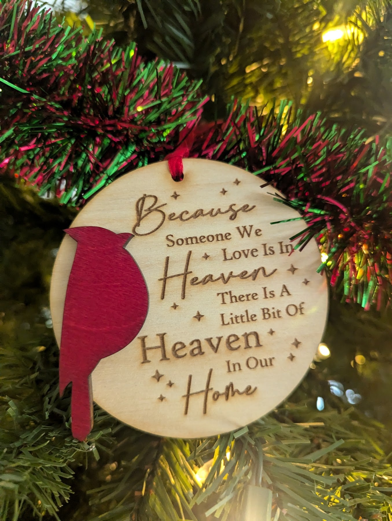 Wooden Memorial Cardinal Ornament - "A Little Bit of Heaven in Our Home"