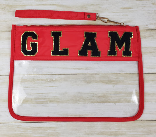 Clear Small Zipper Pouch with Wristlet Strap and Varsity Letters - GLAM