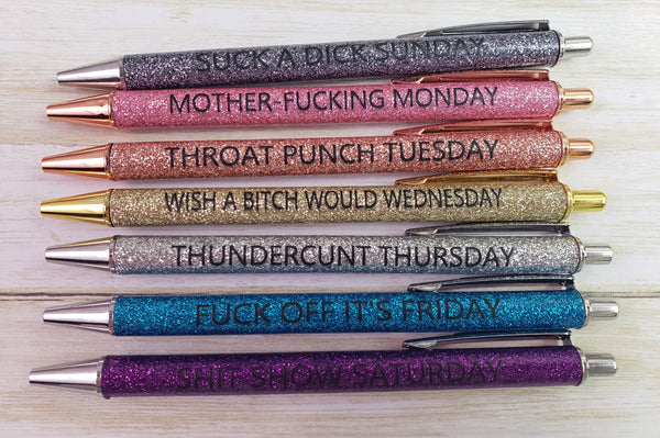 Weekday Swear Word Glitter Metal Pens - 7 pieces - Beware - offensive language