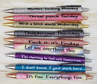 Funny Weekday + Work Glitter Metal Pens - 9 pieces - Beware - offensive language
