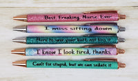 Funny Nurse Glitter Metal Pens - 5 pieces