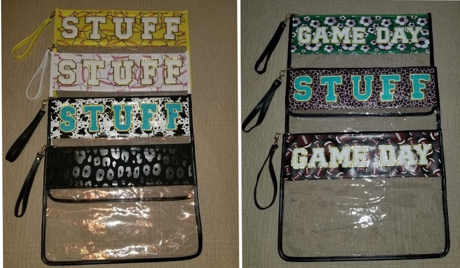 Clear Large Zipper Pouch with Wristlet Strap and Varsity Letters - Multiple Designs Available