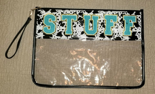 Clear Large Zipper Pouch with Wristlet Strap and Varsity Letters - Multiple Designs Available