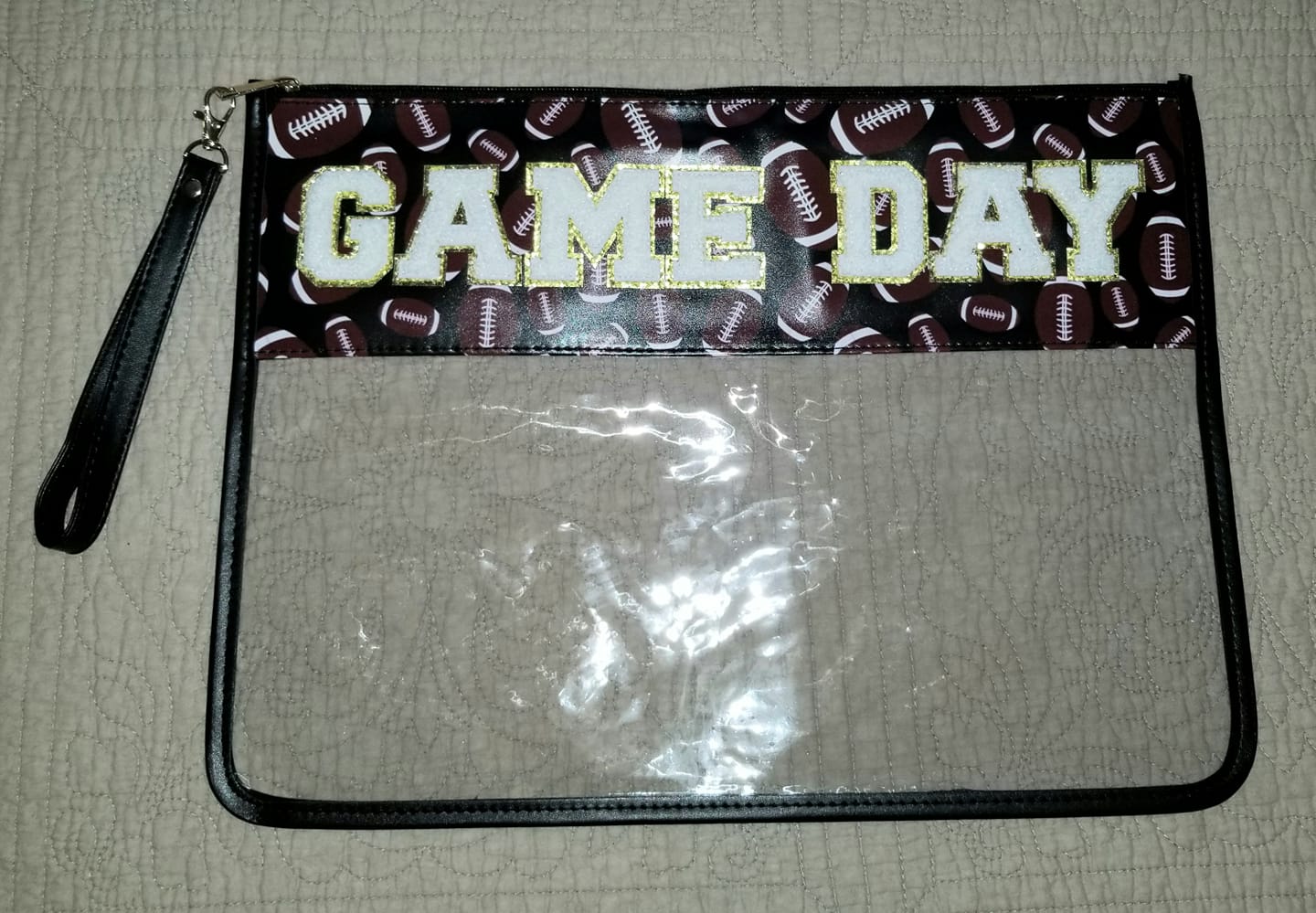 Clear Large Zipper Pouch with Wristlet Strap and Varsity Letters - Multiple Designs Available