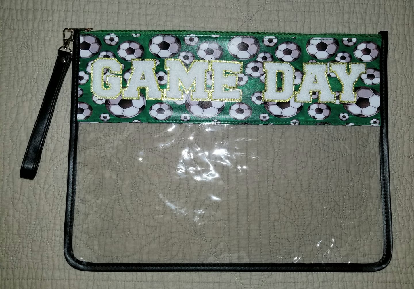 Clear Large Zipper Pouch with Wristlet Strap and Varsity Letters - Multiple Designs Available